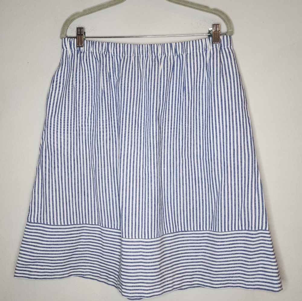 J. Crew Linen Blend Pull On Blue Stripe Knee Length A-line Skirt‎ Size Large